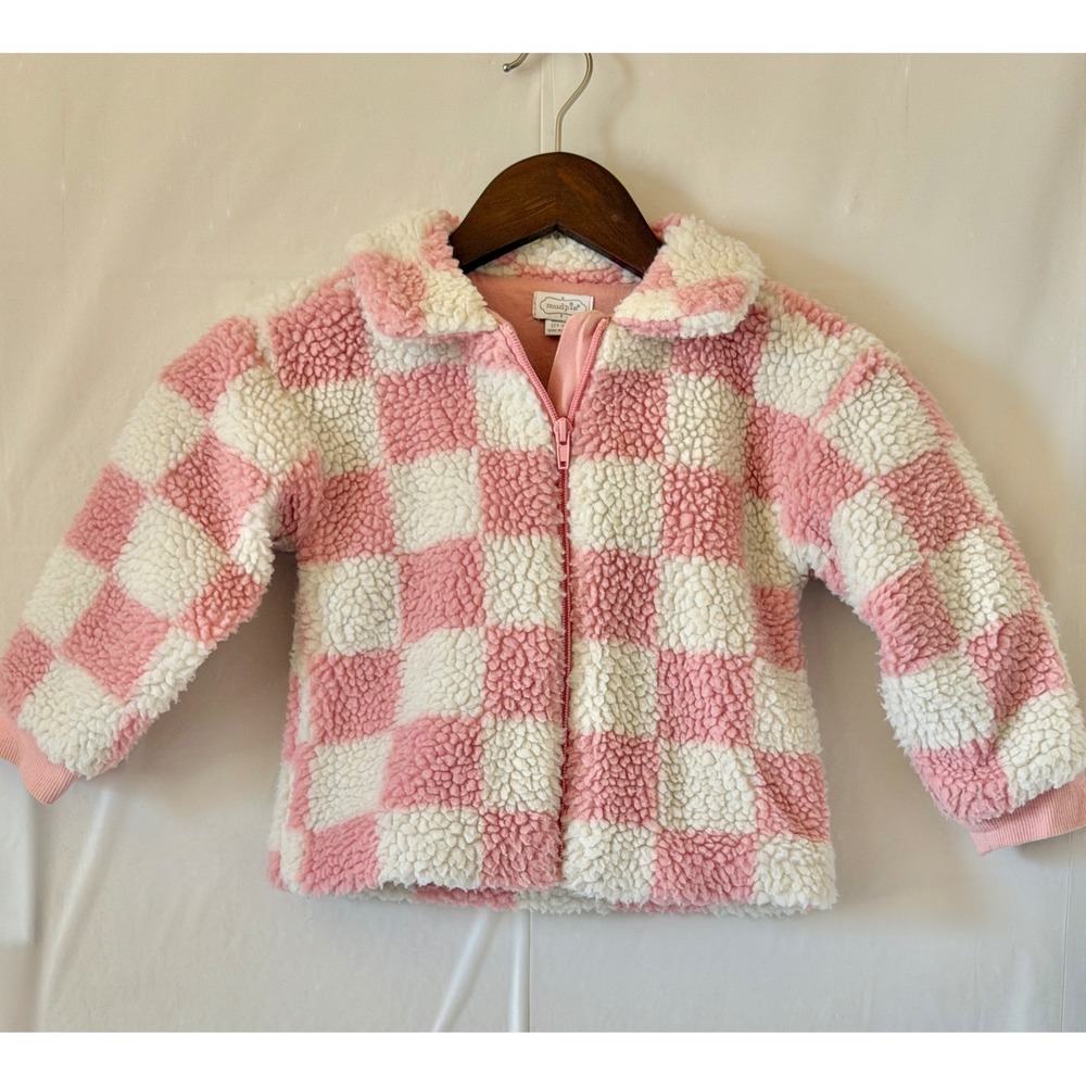 Mud Pie Pink White Checkered Sherpa Fleece Zip Up Jacket Toddler Girls 2T-3T